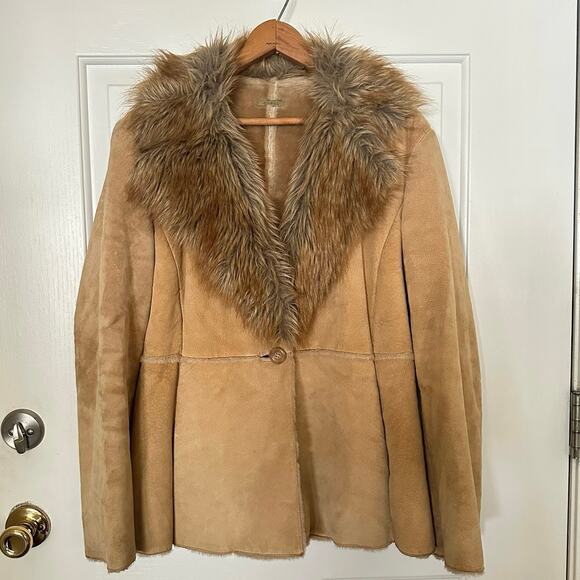 Vintage GUESS Penny Lane Coat Womens Large Y2K Fur Collar Tan Suede Leather - Picture 4 of 7